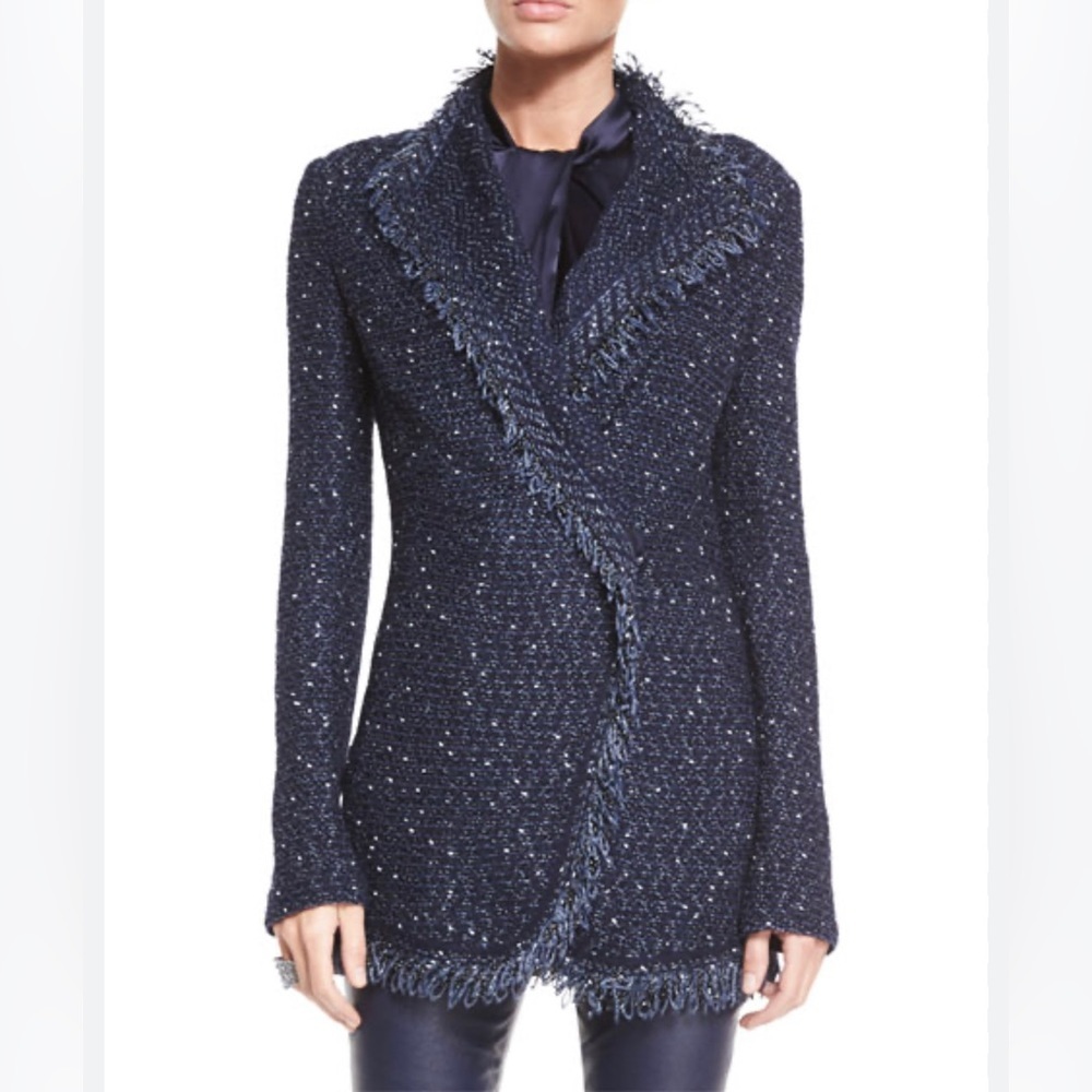 St. John Navy Tweed Fringed Blazer Jacket​